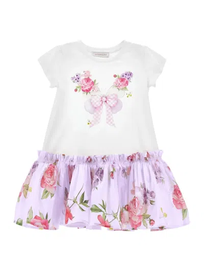 Monnalisa Kids' Floral Bow Dress In White