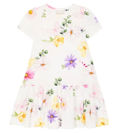 Monnalisa Kids' Floral Cotton-blend Dress In Bianco+multicolor