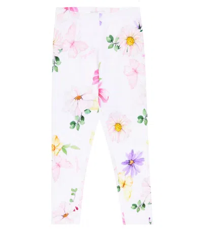 Monnalisa Kids' Floral Cotton-blend Jersey Leggings In Bianco+multicolor