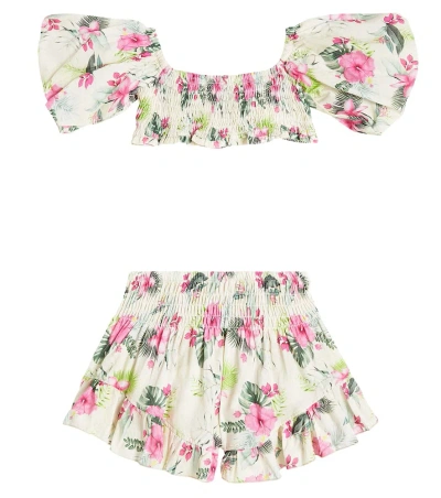 Monnalisa Kids' Floral Cotton Crop Top And Shorts Set In Beige