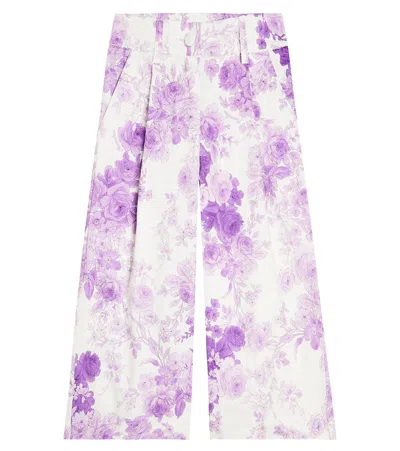 Monnalisa Kids' Floral Cotton Wide-leg Pants In Multicoloured