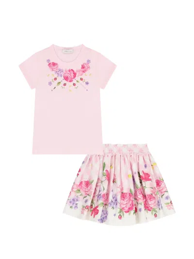 Monnalisa Kids' Floral-detail Skirt Set In Pink