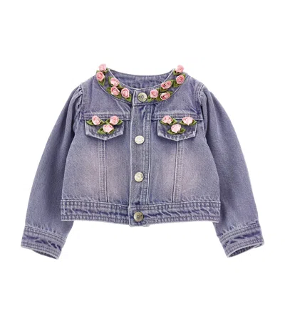 Monnalisa Kids' Floral Embellished Denim Jacket In Purple