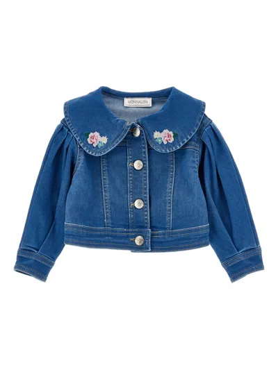 Monnalisa Babies' Floral-embroidered Denim Jacket In Blue