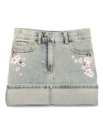 Monnalisa Kids' Floral-embroidered Denim Skirt In Blue