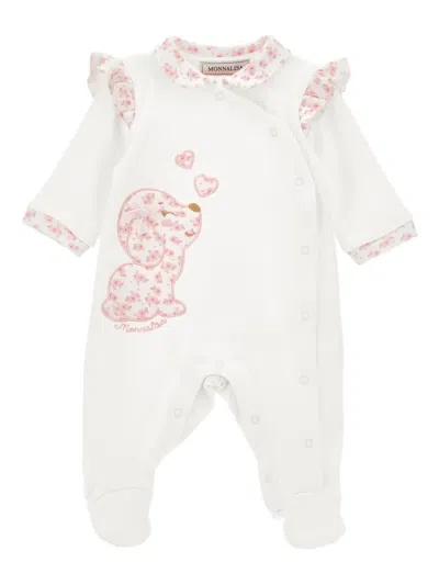 Monnalisa Babies' Floral-embroidered Ruffled Romper In White