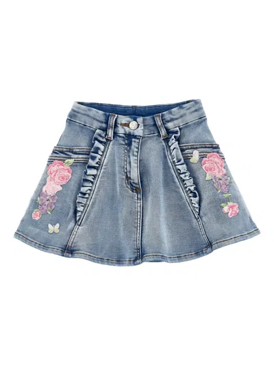 Monnalisa Kids' Floral-embroidered Skirt In Blue