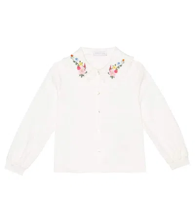 Monnalisa Kids' Floral Embroidered Twill Shirt In Panna