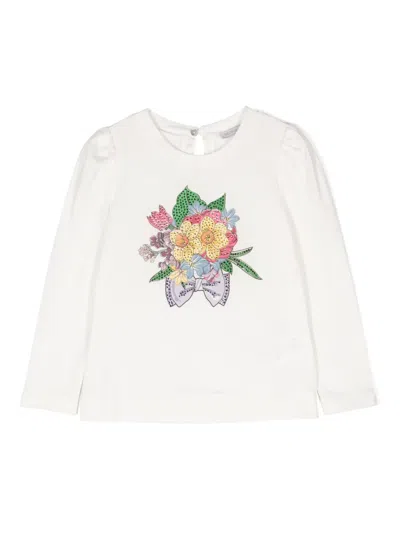 Monnalisa Kids' Floral-embroidery Long-sleeve Tunic In White