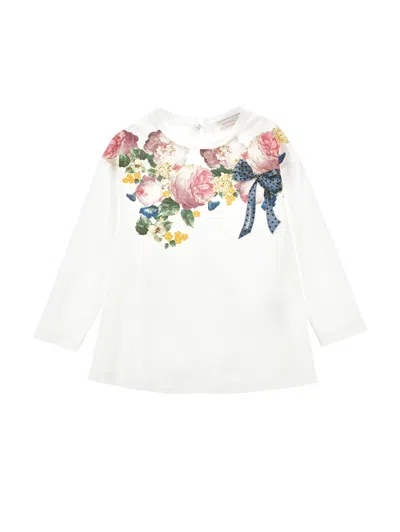 Monnalisa Kids'   Floral Graduated Cotton Maxi T-shirt In Cream