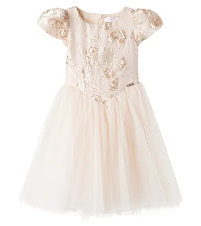 Monnalisa Kids' Floral Jacquard Dress In Gold