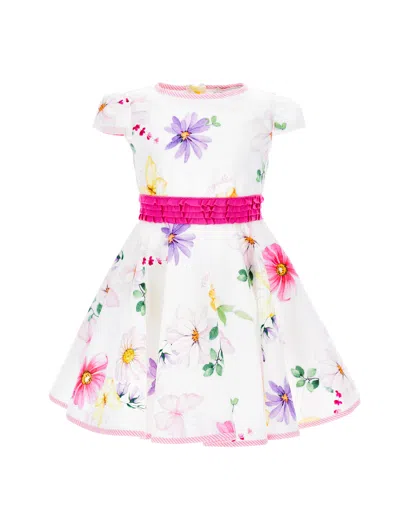 Monnalisa Kids'   Floral Poplin Dress In White + Multicolor