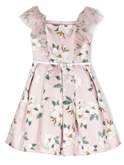 Monnalisa Kids' Floral-print Belted Sleeveless Dress In Pink