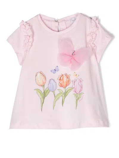 Monnalisa Babies' Floral-print Butterfly-appliqué T-shirt In Pink