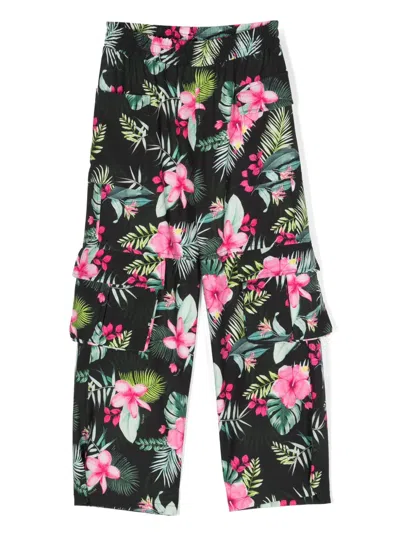 Monnalisa Kids' Floral-print Cargo Pants In Black