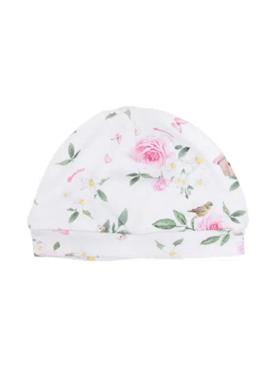 Monnalisa Babies' Floral-print Cotton Beanie In White
