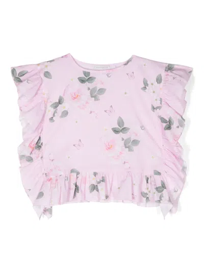 Monnalisa Kids' Floral-print Cotton Crop Top In Pink