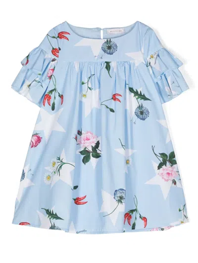 Monnalisa Kids' Floral-print Cotton Dress In Blue