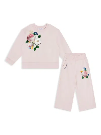 Monnalisa Kids' Floral-print Cotton Tracksuit Set In Onion Couture