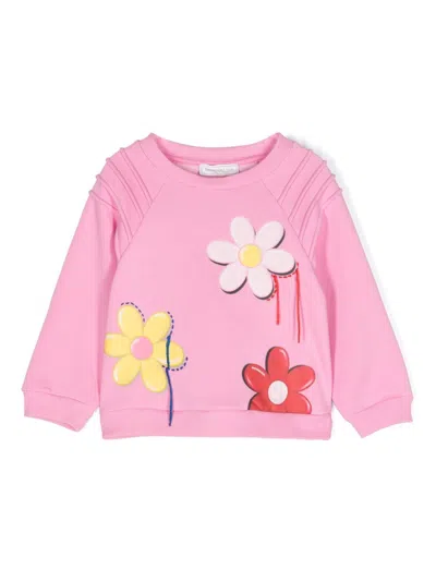 Monnalisa Kids' Floral-print Crew-neck Sweatshirt In Bright Peach Pink