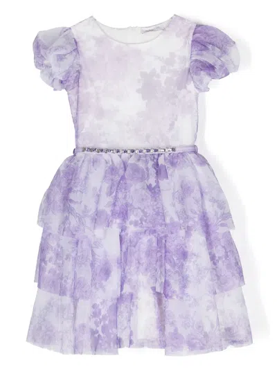 Monnalisa Kids' Floral-print Crystal-embellished Dress In White