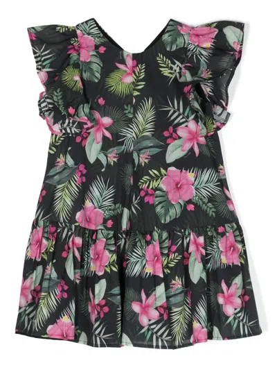 Monnalisa Kids' Floral-print Flared Dress In Black