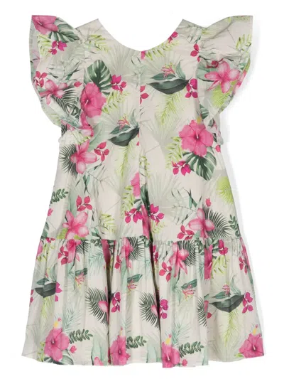 Monnalisa Kids' Floral-print Flared Dress In Neutrals