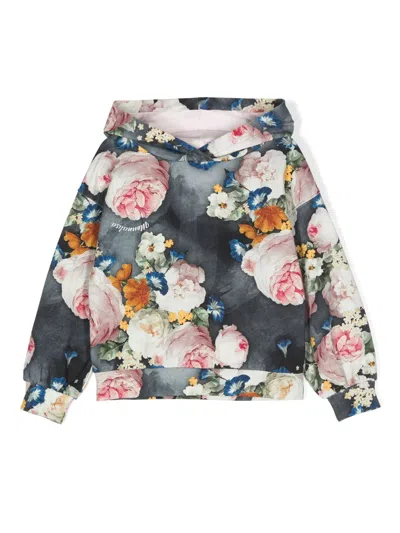 Monnalisa Kids' Floral-print Jersey Hoodie In Blue
