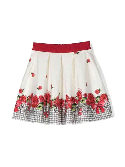 Monnalisa Floral-print Logo-waistband Skirt In 白色