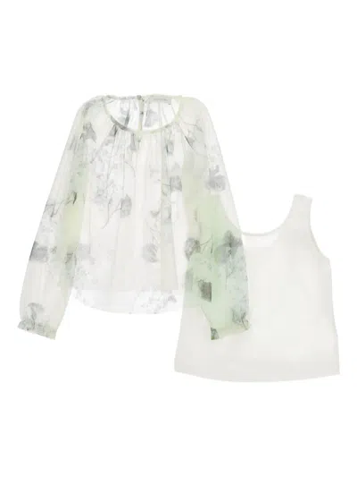 Monnalisa Kids' Floral-print Long-sleeve Blouse In Green