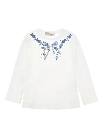 Monnalisa Kids' Floral-print Long Sleeve T-shirt In White