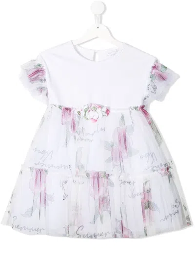 Monnalisa Kids' White Rose Detail Tulle Dress