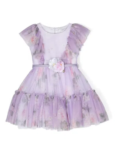 Monnalisa Kids' Floral-print Party Dress In Purple