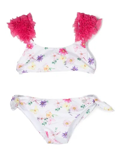 Monnalisa Kids' Floral-print Ruched Bikini Set In White