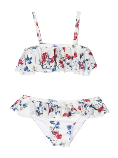 Monnalisa Kids' Floral-print Ruffled Bikini Set In 白色
