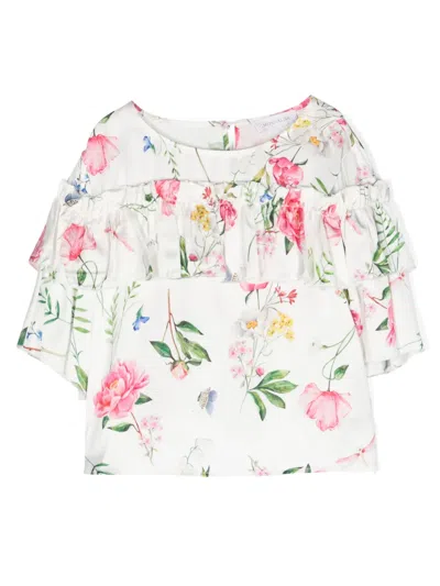 Monnalisa Kids' Floral-print Ruffled Dress In White