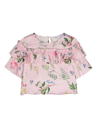 Monnalisa Kids' Floral-print Ruffled T-shirt In Pink