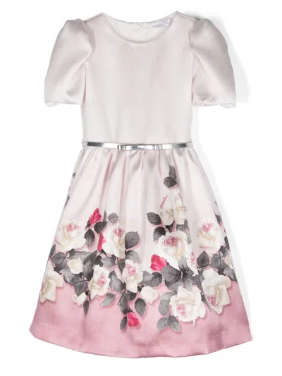 Monnalisa Kids' Floral-print Satin Dress In Pink