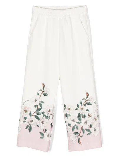 Monnalisa Kids' Floral-print Straight-leg Trousers In Cream + Purple