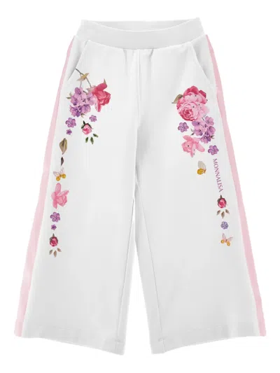 Monnalisa Kids' Floral-print Stripe-detail Track Pants In White