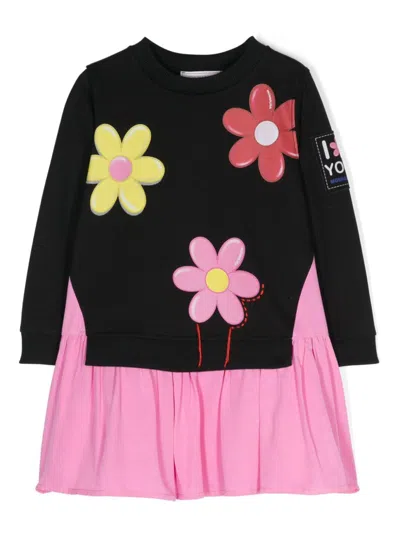 Monnalisa Kids' Floral-print Sweatshirt Dress In 黑色