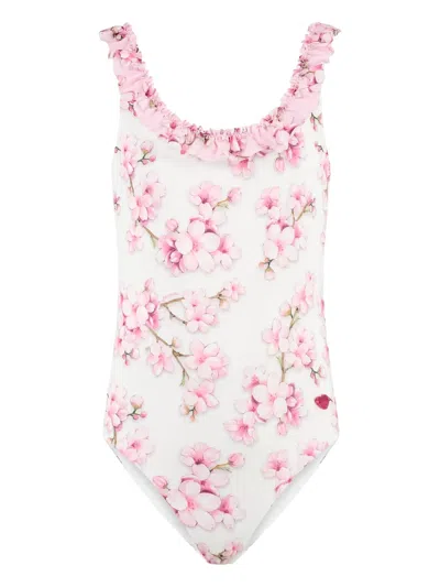 Monnalisa Kids' Floral-print Swimsuit In White