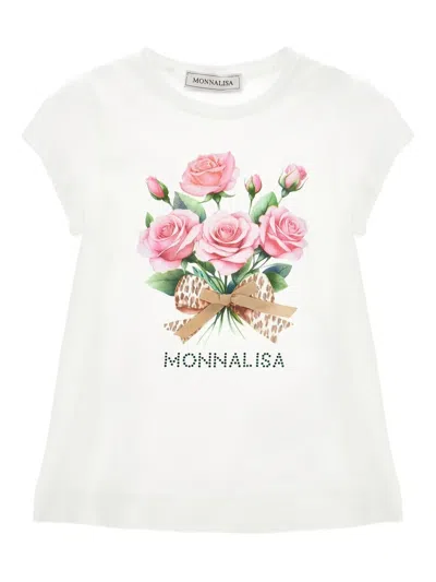 Monnalisa Kids' Floral-print T-shirt In White