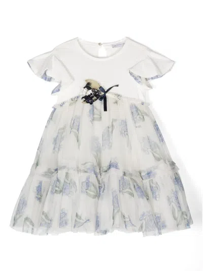 Monnalisa Kids' Floral-print Tulle Dress In White