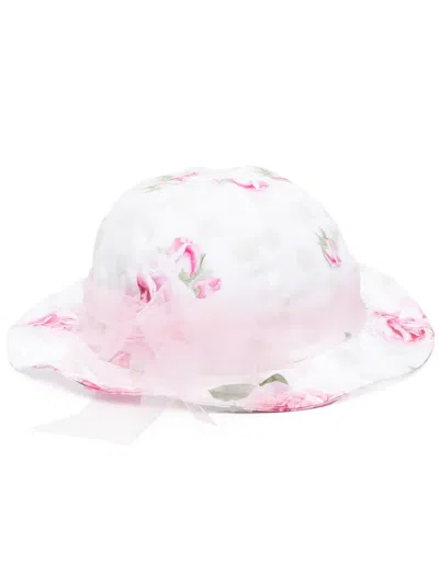 Monnalisa Babies' Floral-print Tulle-trim Hat In 白色