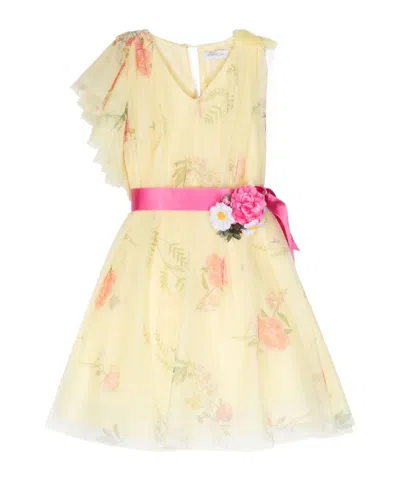 Monnalisa Kids' Floral-print V-neck Dress In Nude