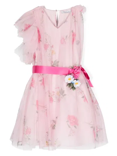 Monnalisa Kids' Floral-print V-neck Dress In Pink