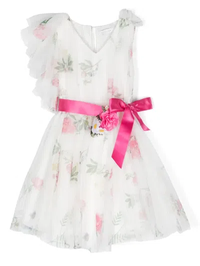 Monnalisa Kids' Floral-print V-neck Dress In White