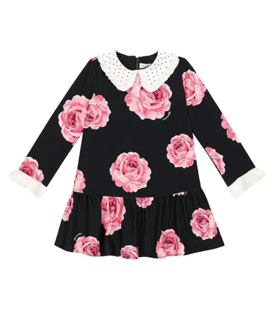 Monnalisa Kids' Floral Printed Cady Dress In Nero