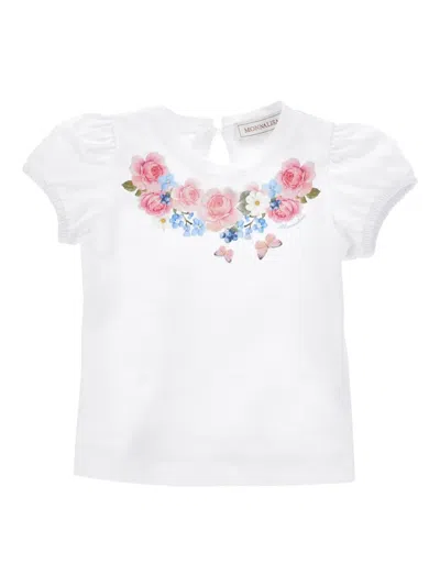 Monnalisa Babies' Floral Puff-sleeve T-shirt In White